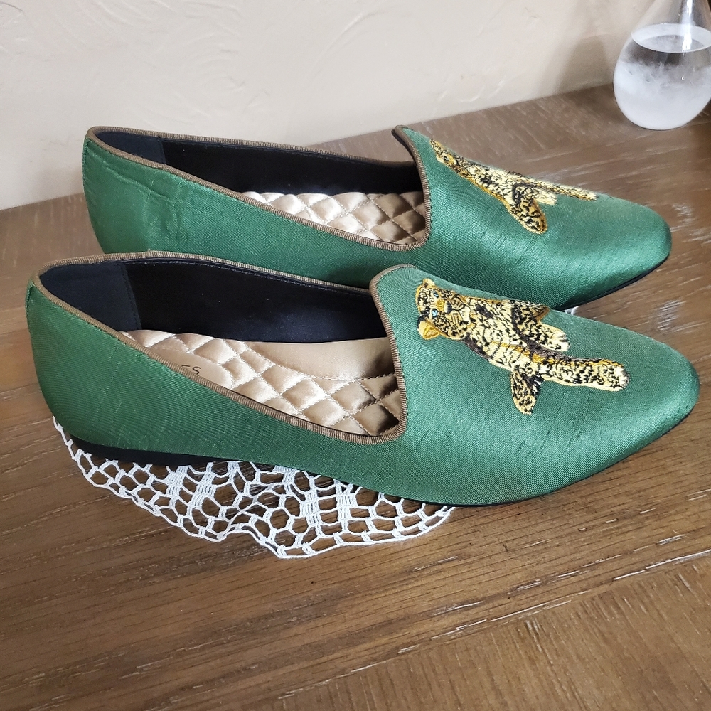 Rare Birdies x Ken Fulk Green Leopard Slip on Loafers 7.5